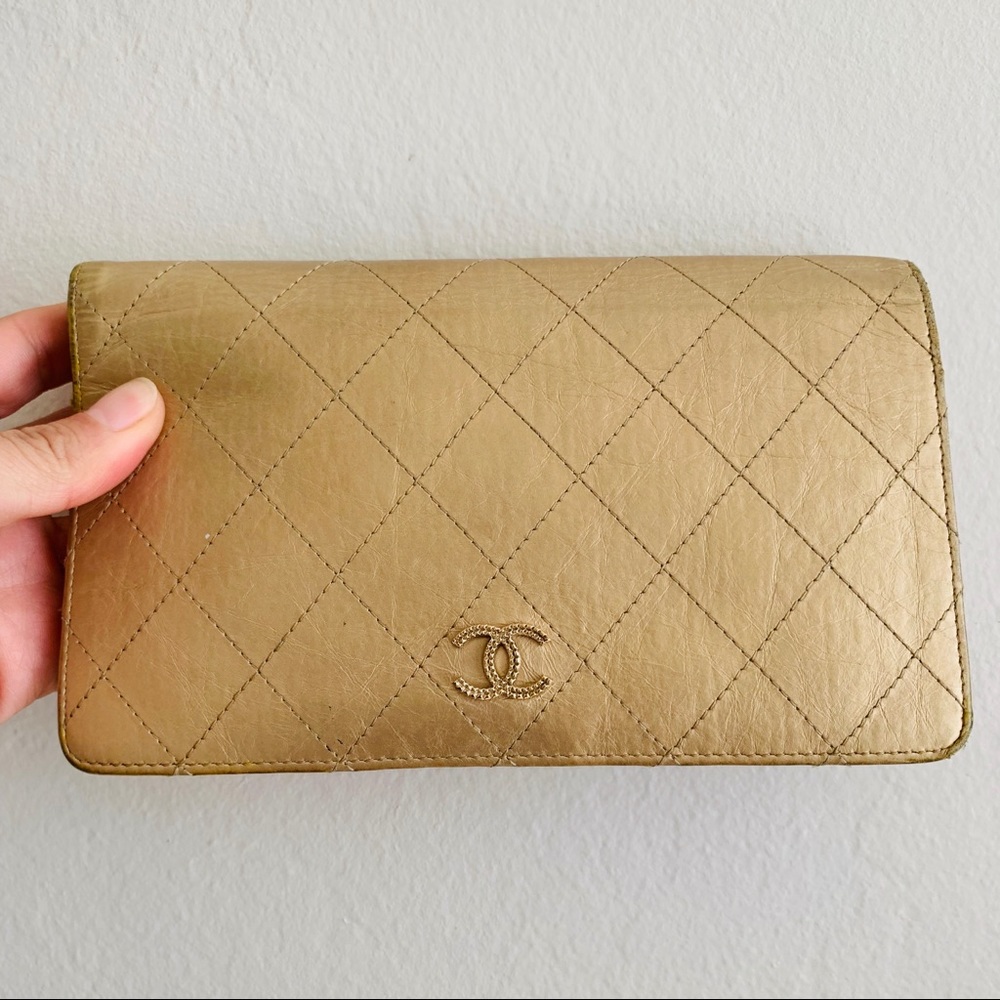 Authentic Chanel Gold Quilted Long Wallet